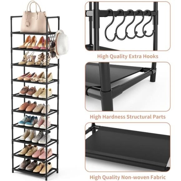 Tall Narrow Shoe Rack 10 Tier Organizer Shelf Holds 25 Pairs Black Storage - Picture 3 of 5